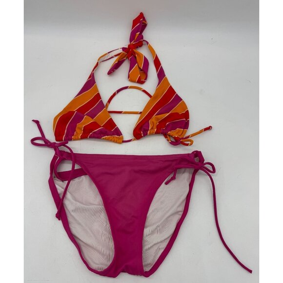 Victoria's Secret Womens Hipster Tie Bikini Set Size M Multicolor Stripe Stretch - Picture 1 of 11